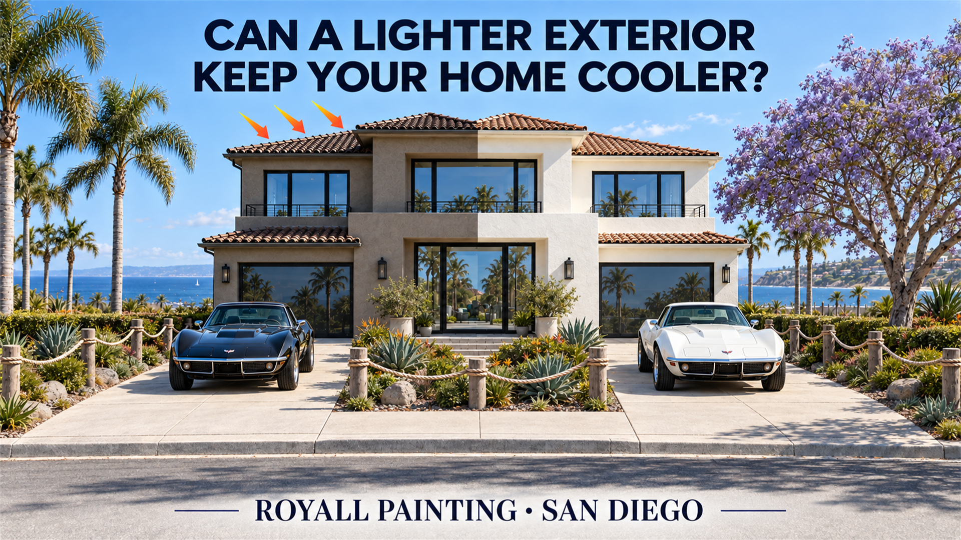Illustration comparing a dark exterior and a light exterior on the same San Diego home, with black and white classic Corvettes